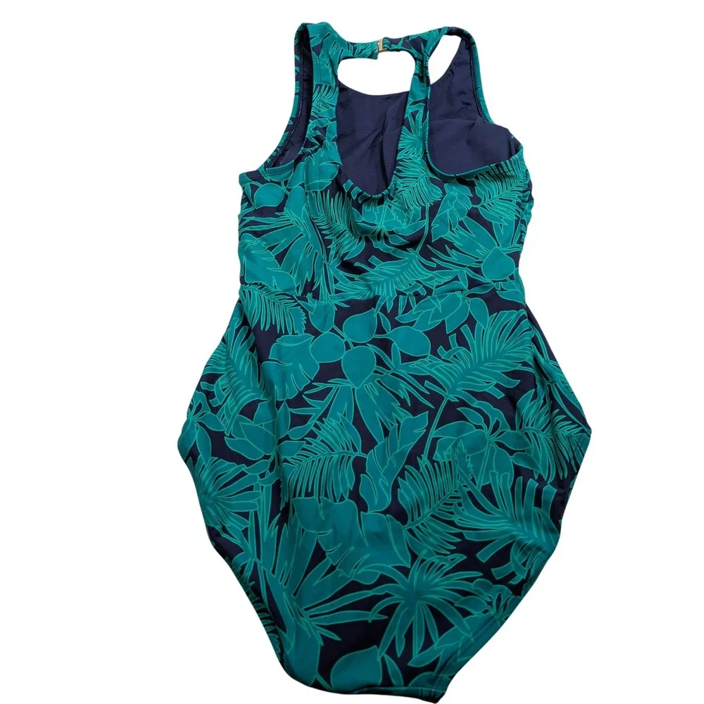 Lands' End Women Tropical Palm Print One Piece Swimsuit L Green Blue